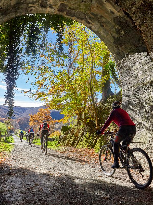 Varios cicloturistas atravesando un túnel de la Vía Verde del Plazaola en otoño